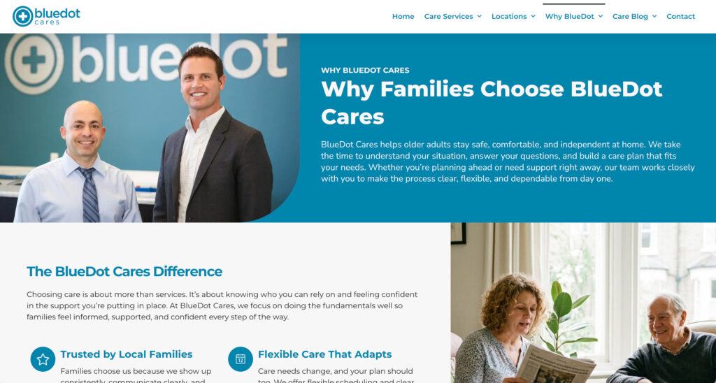 Why BlueDot Cares content highlighting local trust, personalized care, and key differentiators across the BlueDot Cares website