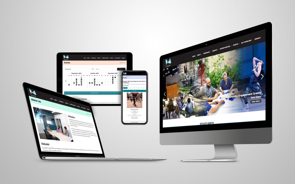 Responsive nonprofit arts organization website for Bronx Council on the Arts displayed across desktop, laptop, tablet, and mobile devices.