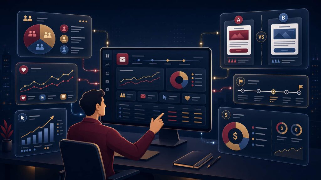 A marketing analyst reviews campaign dashboards, audience segments, and revenue charts during an email marketing optimization engagement.