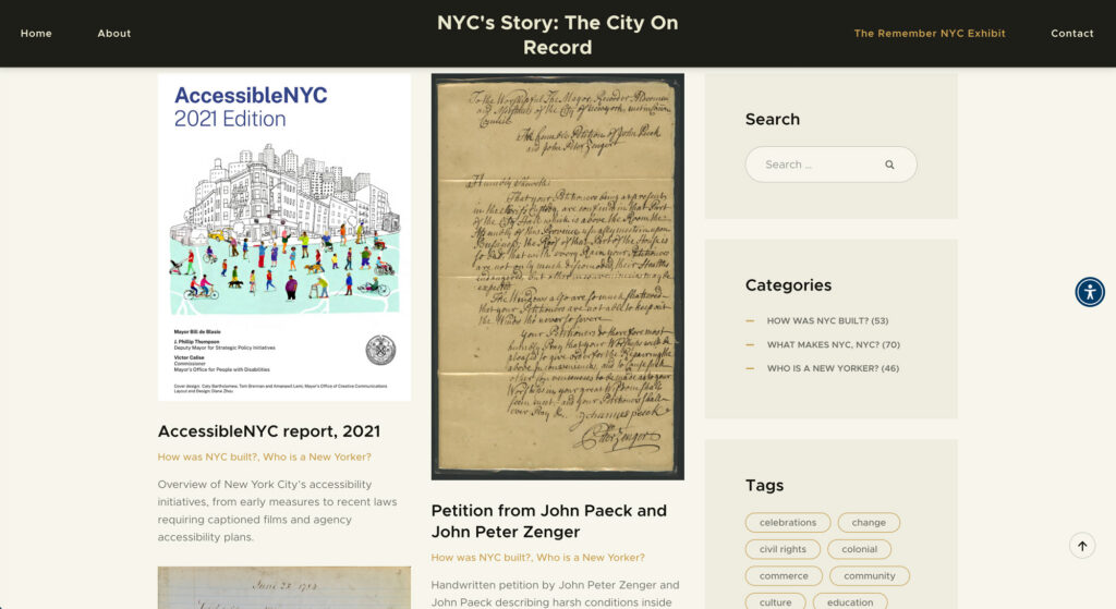 A themed collection page in the interactive digital exhibit, with archival artifacts, a search box, and category filters for browsing New York City's records.