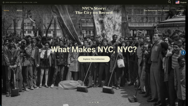 The DORIS interactive digital exhibit, showing a black-and-white archival photo of a 1970s New York City crowd with the heading What Makes NYC, NYC? and an Explore This Collection button.