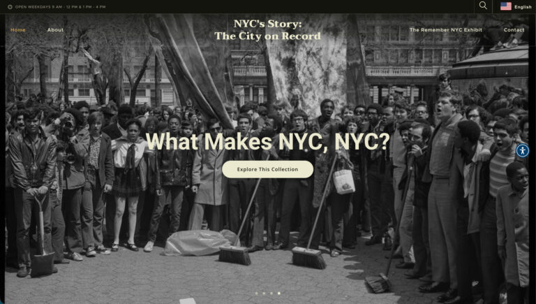 The DORIS interactive digital exhibit, showing a black-and-white archival photo of a 1970s New York City crowd with the heading What Makes NYC, NYC? and an Explore This Collection button.