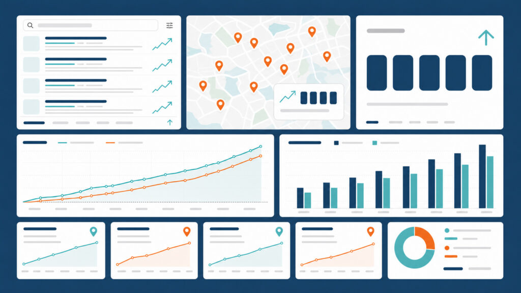 An illustration of results from the local SEO architecture: improved Google Search rankings, Maps visibility, and SEO analytics.