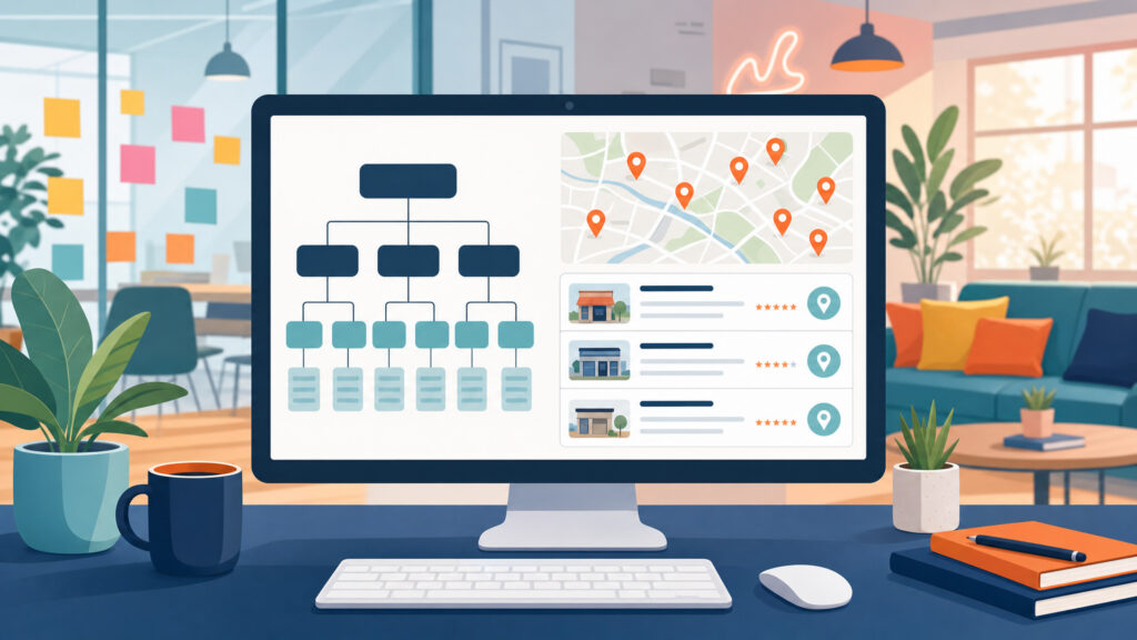 A structured sitemap with organized service-location pages and Google Maps coverage, the scalable local SEO architecture in diagram form.