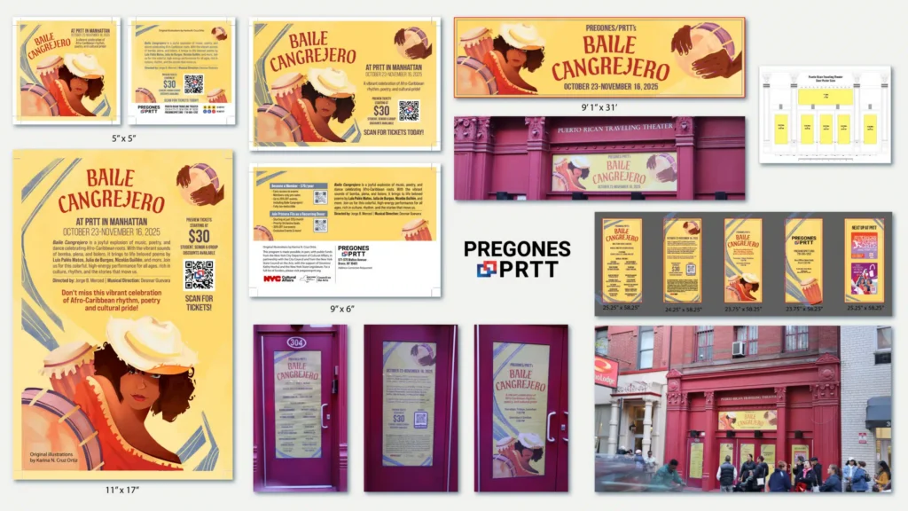 A season brochure from the theater print design system, shown as open and folded trifold mockups for Pregones/PRTT's 2025-2026 productions.