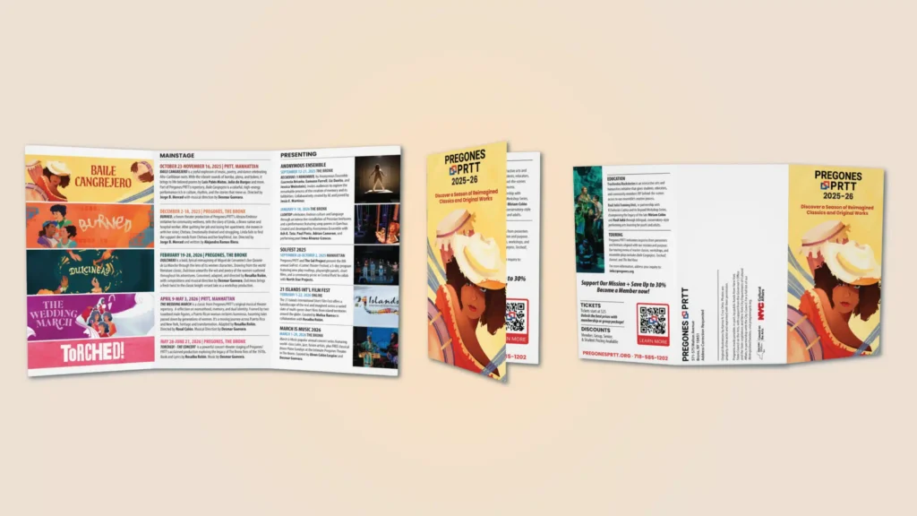 The Baile Cangrejero theater print design campaign for Pregones/PRTT, gathering posters, direct mail, newspaper ads, and venue graphics into one set.