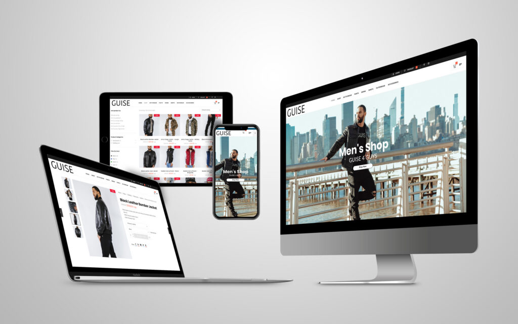 Responsive e-commerce website design for GUISE Clothing displayed across desktop, laptop, tablet, and mobile devices.