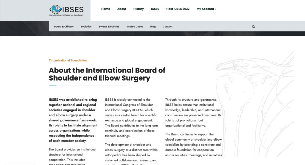 About page describing IBSES, its mission, governance structure, and role in international shoulder and elbow surgery