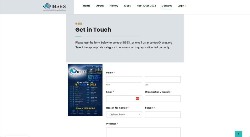 Contact page with IBSES organization information and an online inquiry form