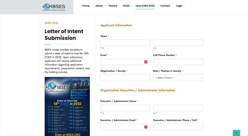 IBSES Digital Governance Platform application for member societies seeking to host the 2032 International Congress of Shoulder and Elbow Surgery