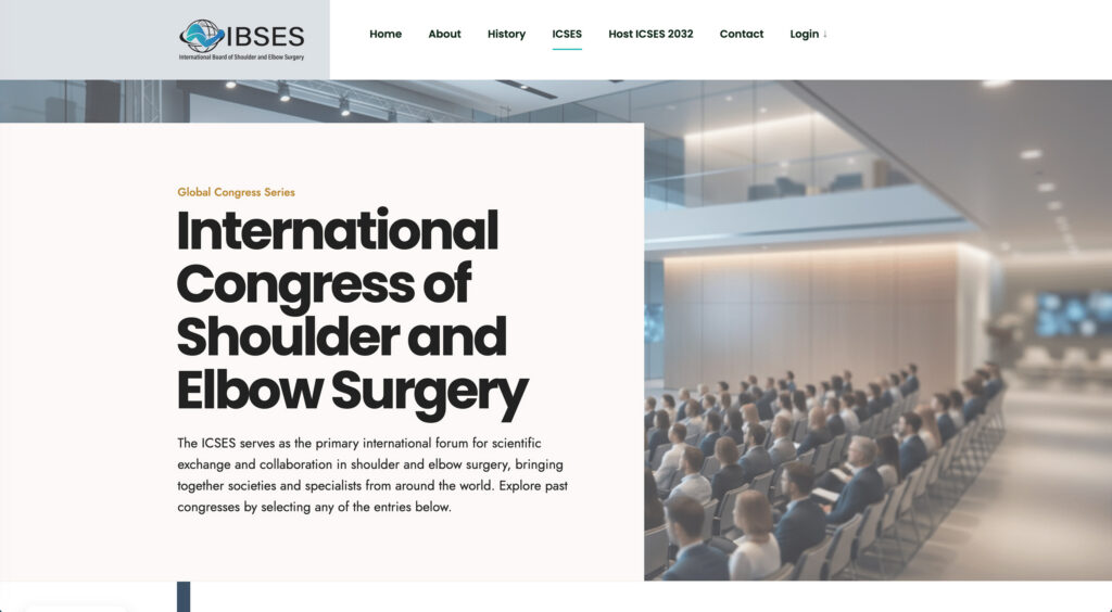 ICSES information page featuring the International Congress of Shoulder and Elbow Surgery and its global meeting history