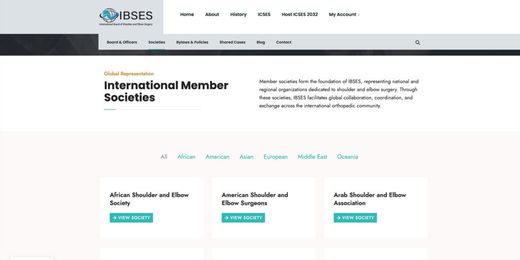 IBSES Digital Governance Platform member societies directory with regional filtering for international organizations