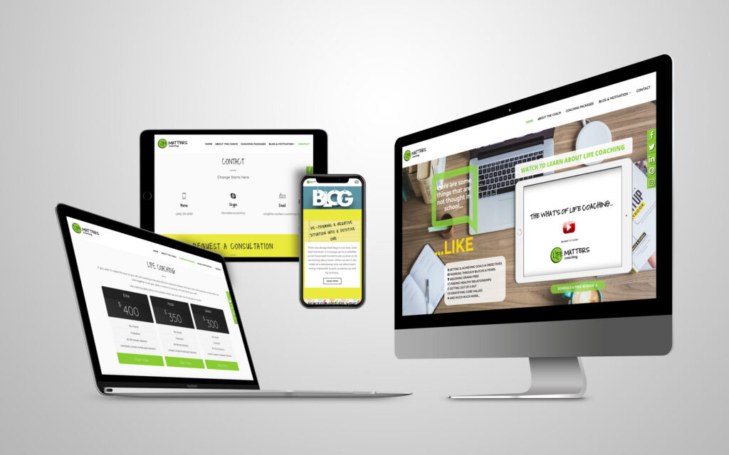 Responsive life coaching website design for Life Matters Coaching displayed across desktop, laptop, tablet, and mobile devices.