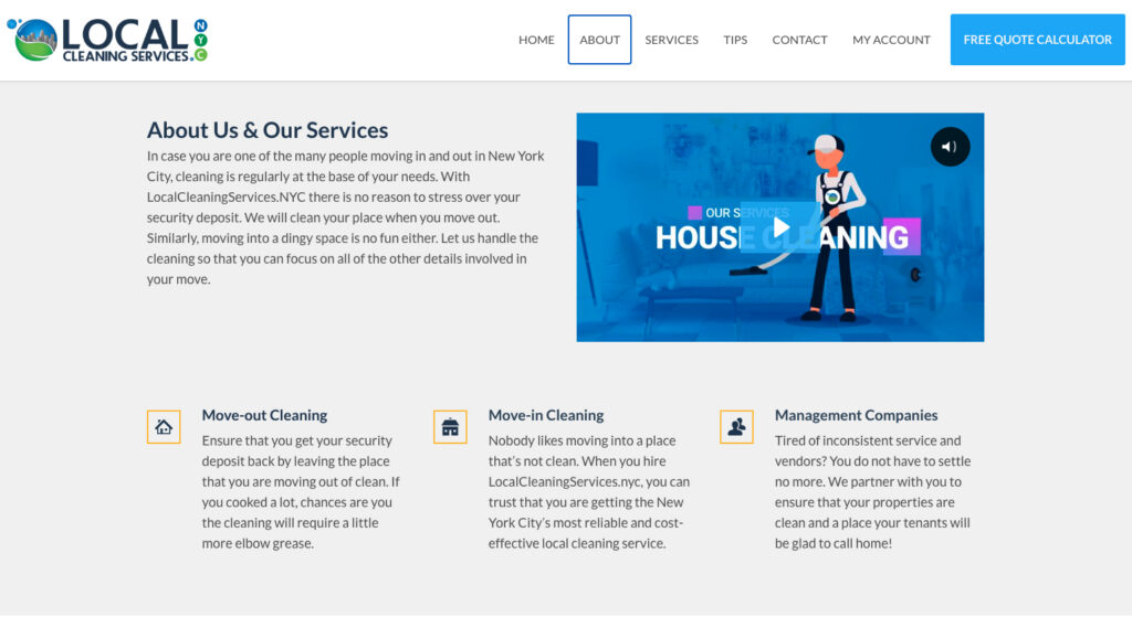 Local Cleaning Services website About page design