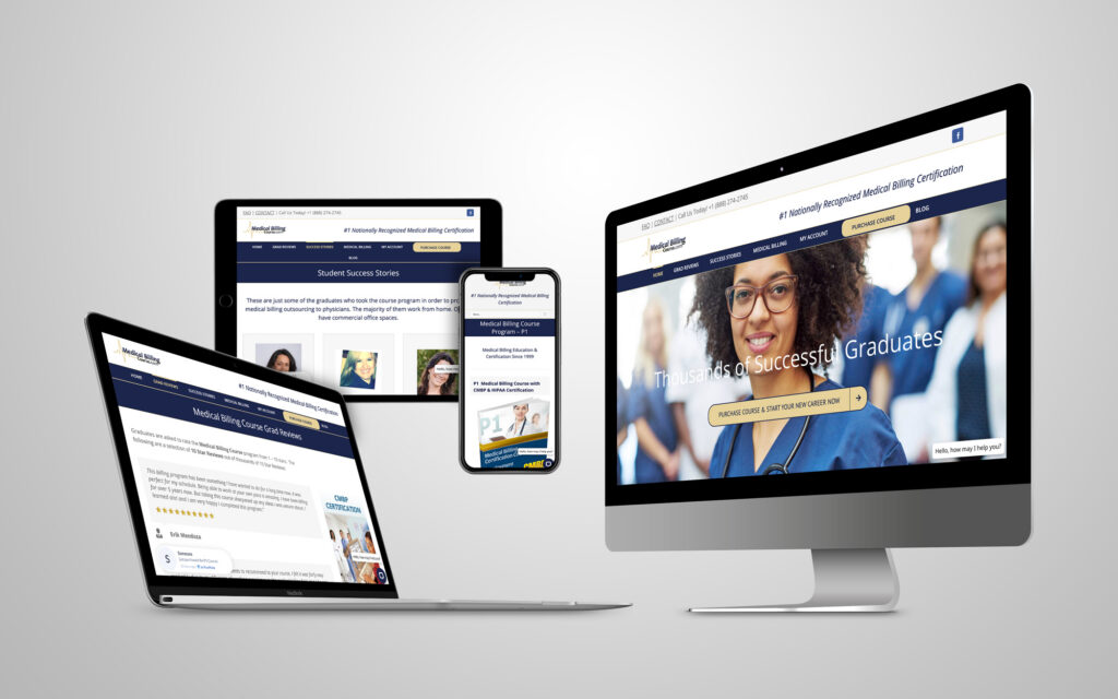 Responsive educational and e-commerce website design for MedicalBillingCourse.com displayed across desktop, laptop, tablet, and mobile devices.