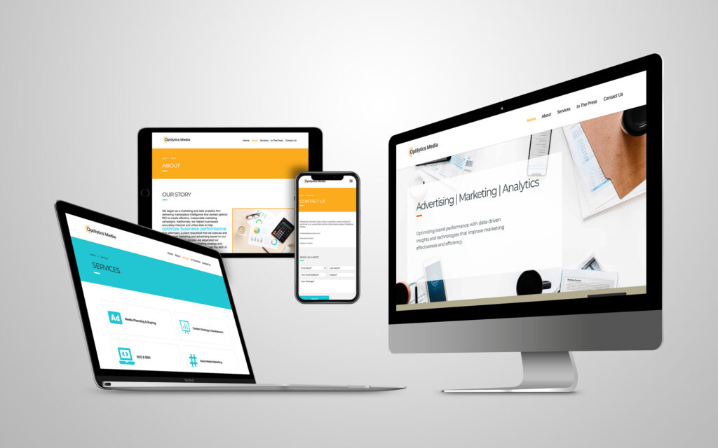 Responsive marketing and analytics consulting website design for Optylitics Media displayed across desktop, laptop, tablet, and mobile devices.