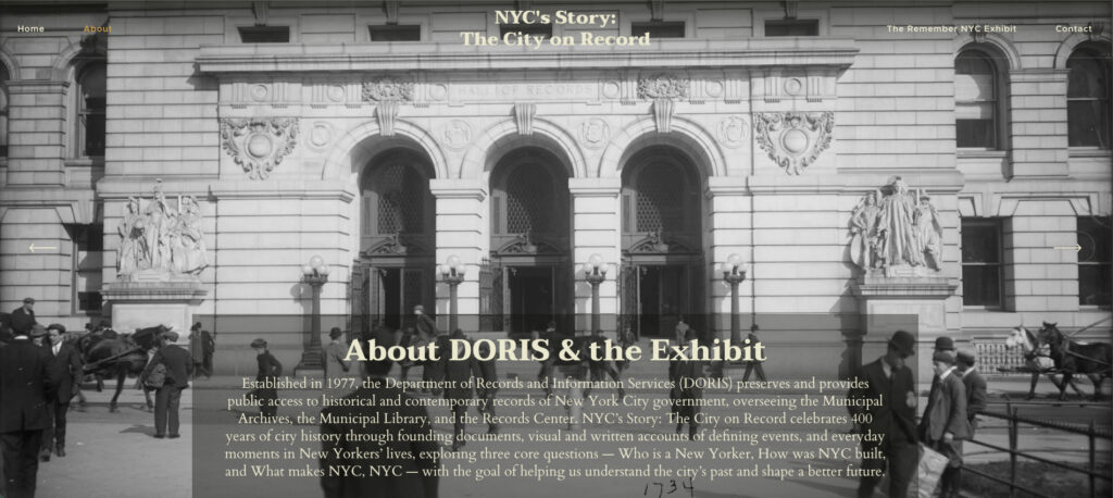 NYC DORIS digital exhibit About page featuring the historic Hall of Records and an introduction to NYC’s Story: The City on Record.