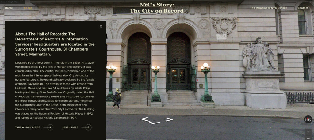 NYC DORIS digital exhibit virtual tour showing the exterior of the historic Hall of Records at 31 Chambers Street.