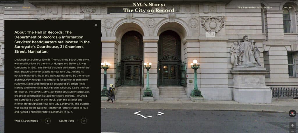 NYC DORIS digital exhibit virtual tour showing the exterior of the historic Hall of Records at 31 Chambers Street.