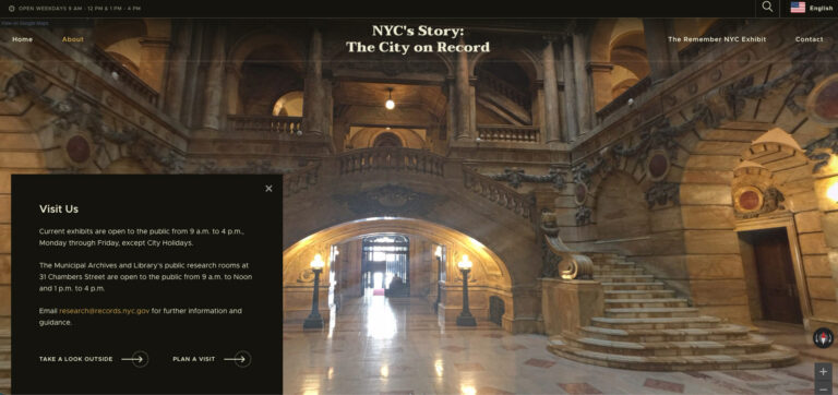NYC DORIS digital exhibit virtual tour showing the interior staircase and architecture of the historic Hall of Records.