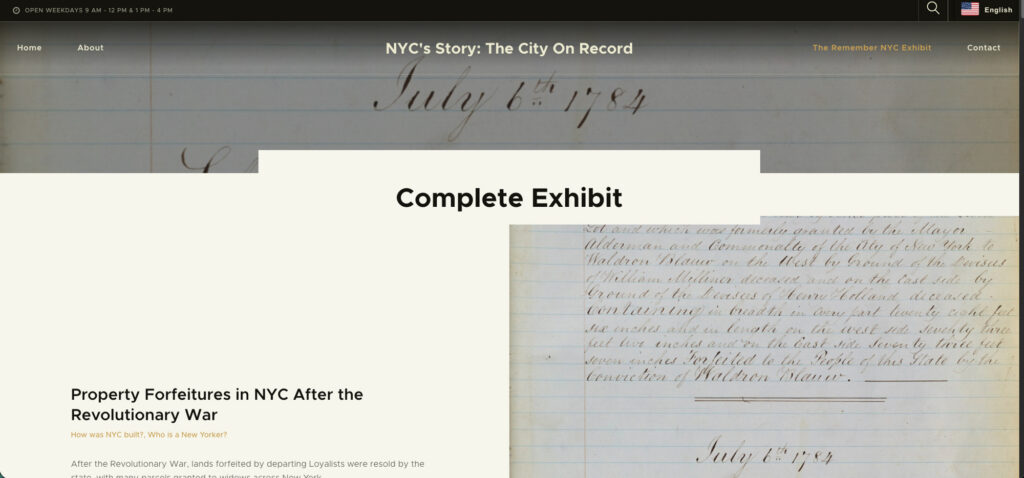 NYC DORIS digital exhibit archive page displaying historical records from the complete NYC’s Story: The City on Record exhibit.