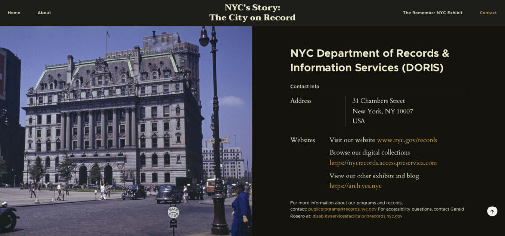 NYC DORIS digital exhibit Contact page featuring the Department of Records and Information Services building and contact information.