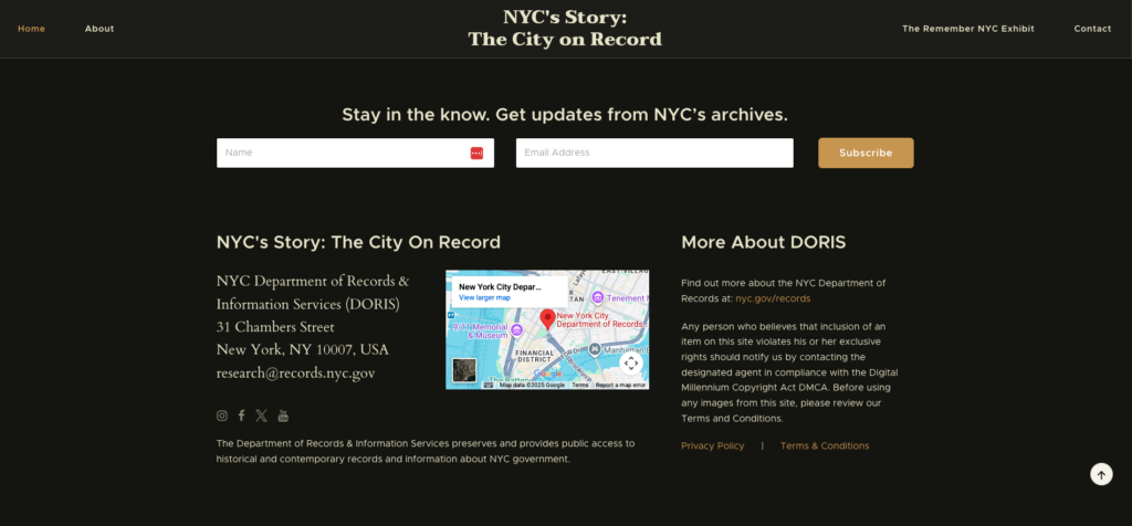 Footer of the NYC DORIS digital exhibit featuring contact information, location map, newsletter signup, and links to Department resources.