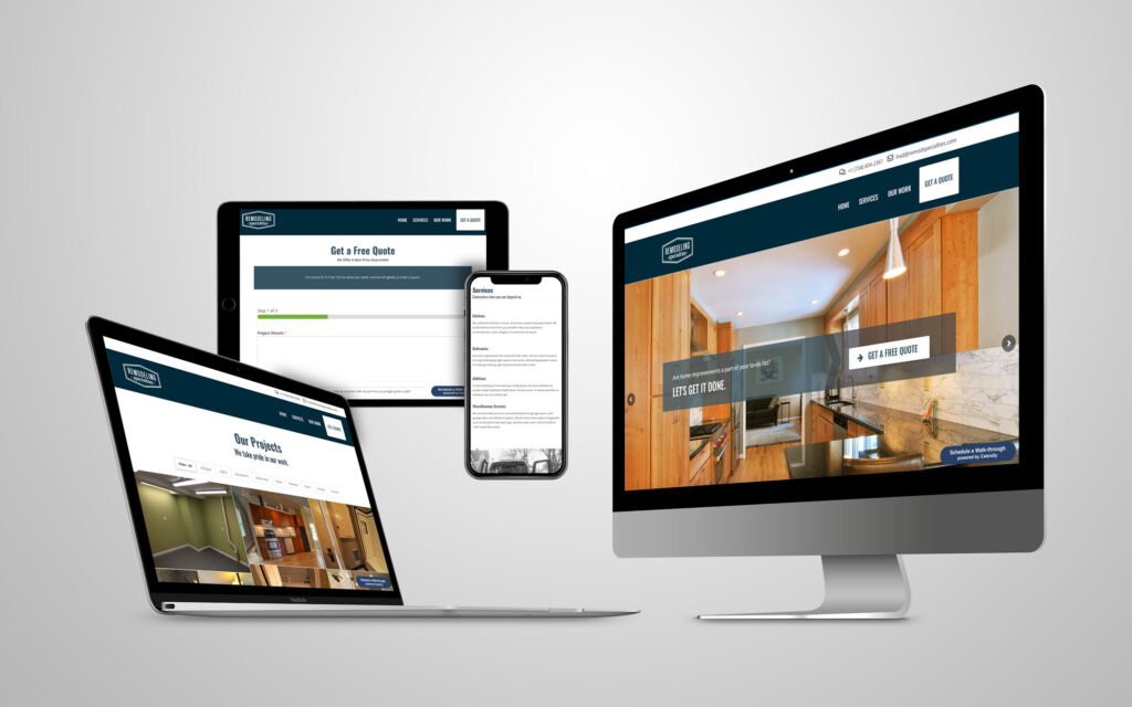 Responsive remodeling and contracting website design for Remod Specialties displayed across desktop, laptop, tablet, and mobile devices.