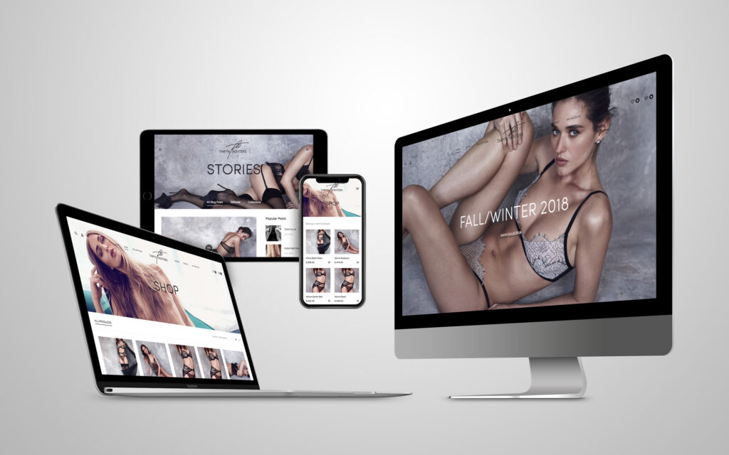 Responsive luxury lingerie e-commerce website design for Taryn Winters displayed across desktop, laptop, tablet, and mobile devices.