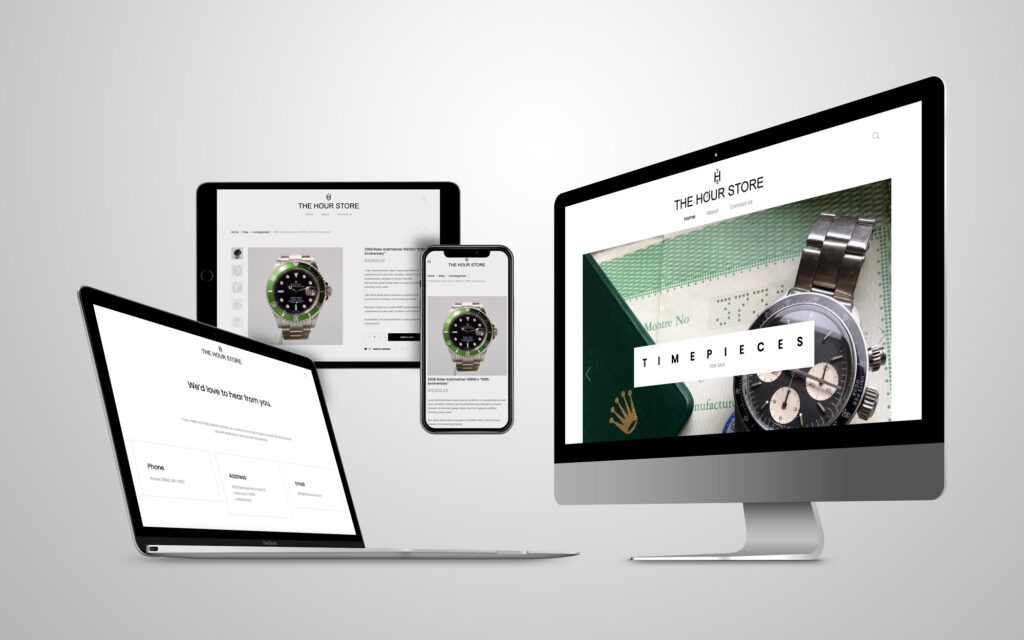 Responsive luxury watch e-commerce website design for The Hour Store displayed across desktop, laptop, tablet, and mobile devices.
