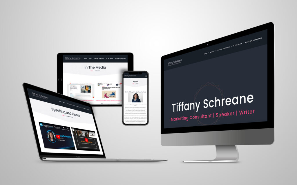 Responsive personal brand website design for marketing consultant, speaker, and writer Tiffany Schreane displayed across multiple devices.